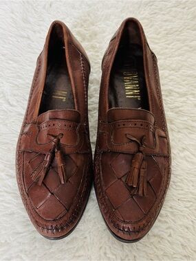 Giovanni Woven Genuine Brown Leather Tassel Loafers for Men size 10 M